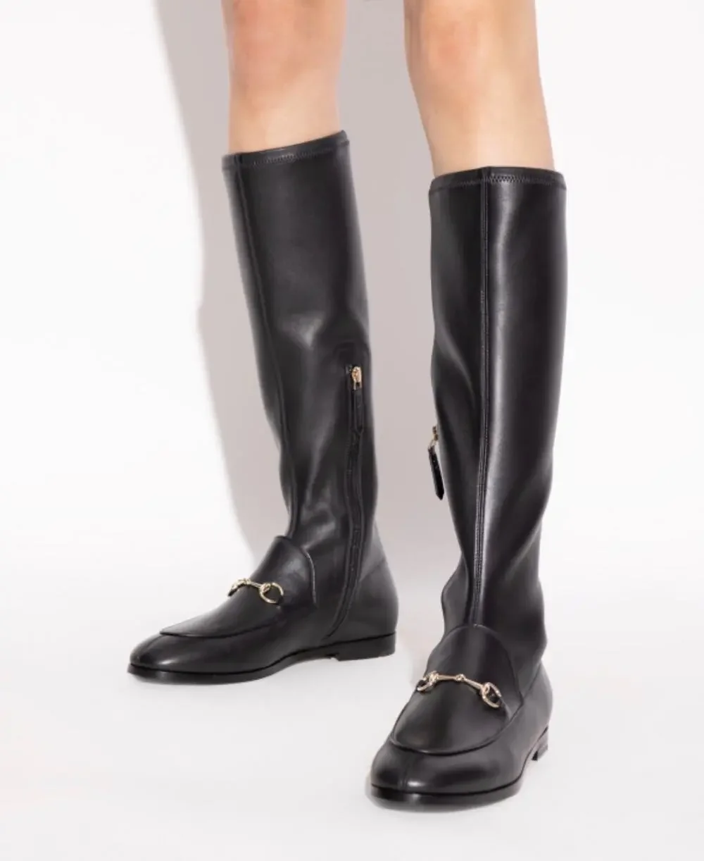 Gucci Jordaan Leather Knee High Boots Black Lambskin Horsebit Size 38.5 BNIB
